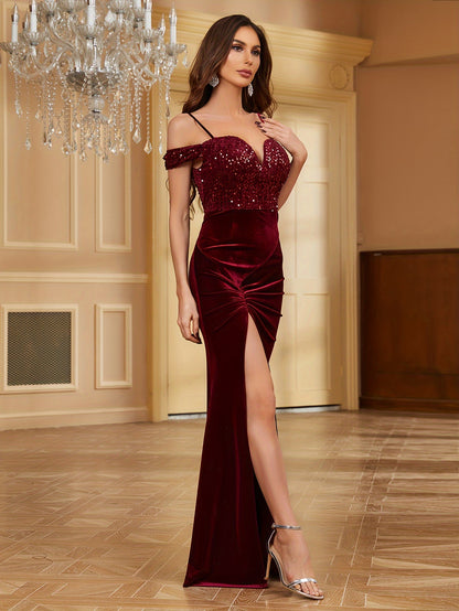 Cold Shoulder Split Thigh Dress, Elegant Sequin Dress For Party & Banquet, Women's Clothing Wedding/Evening dress/Occasion/Engagement/Ceremony