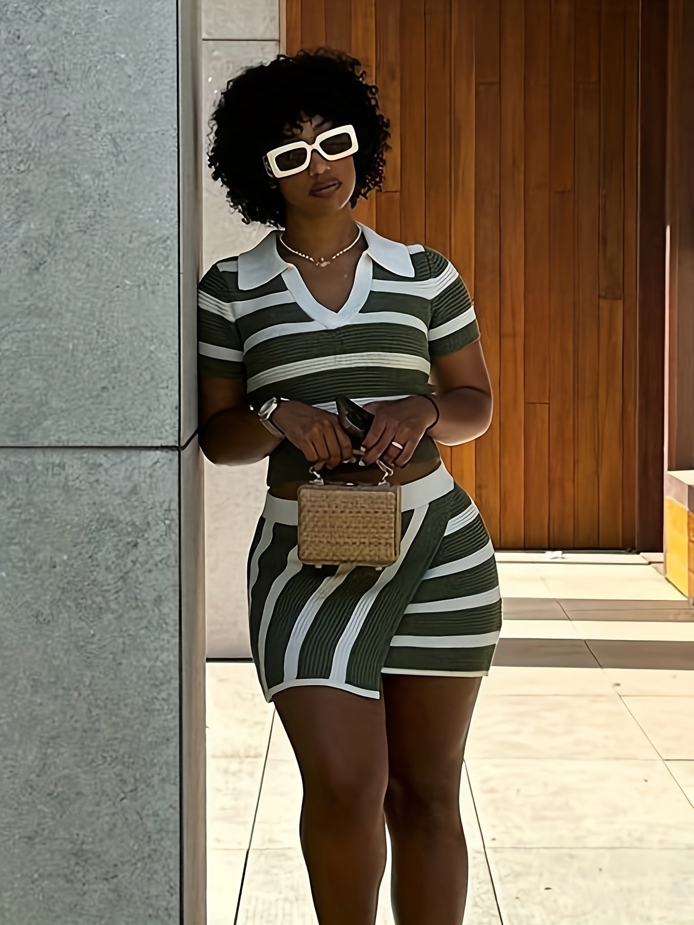 Fashion-Forward Colorblock Stripe Set - Polo Collar Crop Top & Asymmetrical Skirt Outfit - Chic Two-Piece Ensemble for Women