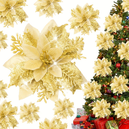 20 PCS Artificial Poinsettia Flowers with Clips - Festive Holiday Decorations for Xmas Tree, Wreath, Party, and Home with Plastic Ornaments