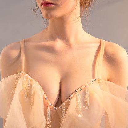 2025 G1211/sexy see-through dress mesh transparent hand-sewn diamond sling low-cut performance suit