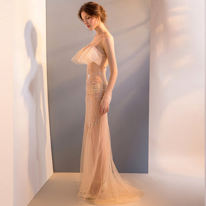 2025 G1211/sexy see-through dress mesh transparent hand-sewn diamond sling low-cut performance suit