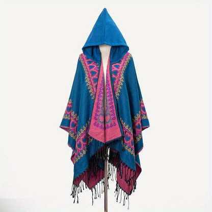 Cozy Oversized Hoodie Scarf Blanket - Stylish Boho Geometric Print with Tassels - Ultra-Soft Warm Cape for Outdoor Adventures, Windproof & Thick Cardigan Shawl