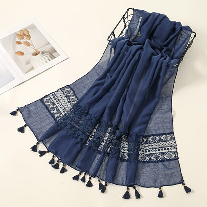 Delicate Embroidered Lace Tassel Scarf - Fashionable & Elegant for Casual Wear - Versatile Cold Weather Accessory, Perfect for Eid Celebrations