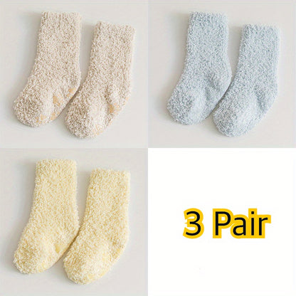 3pairs Baby Boys Kids Thickened Warm Coral Fleece Socks For Winter, Anti-skid Socks, 0-5 Years Old Toddlers Children's Trendy Socks