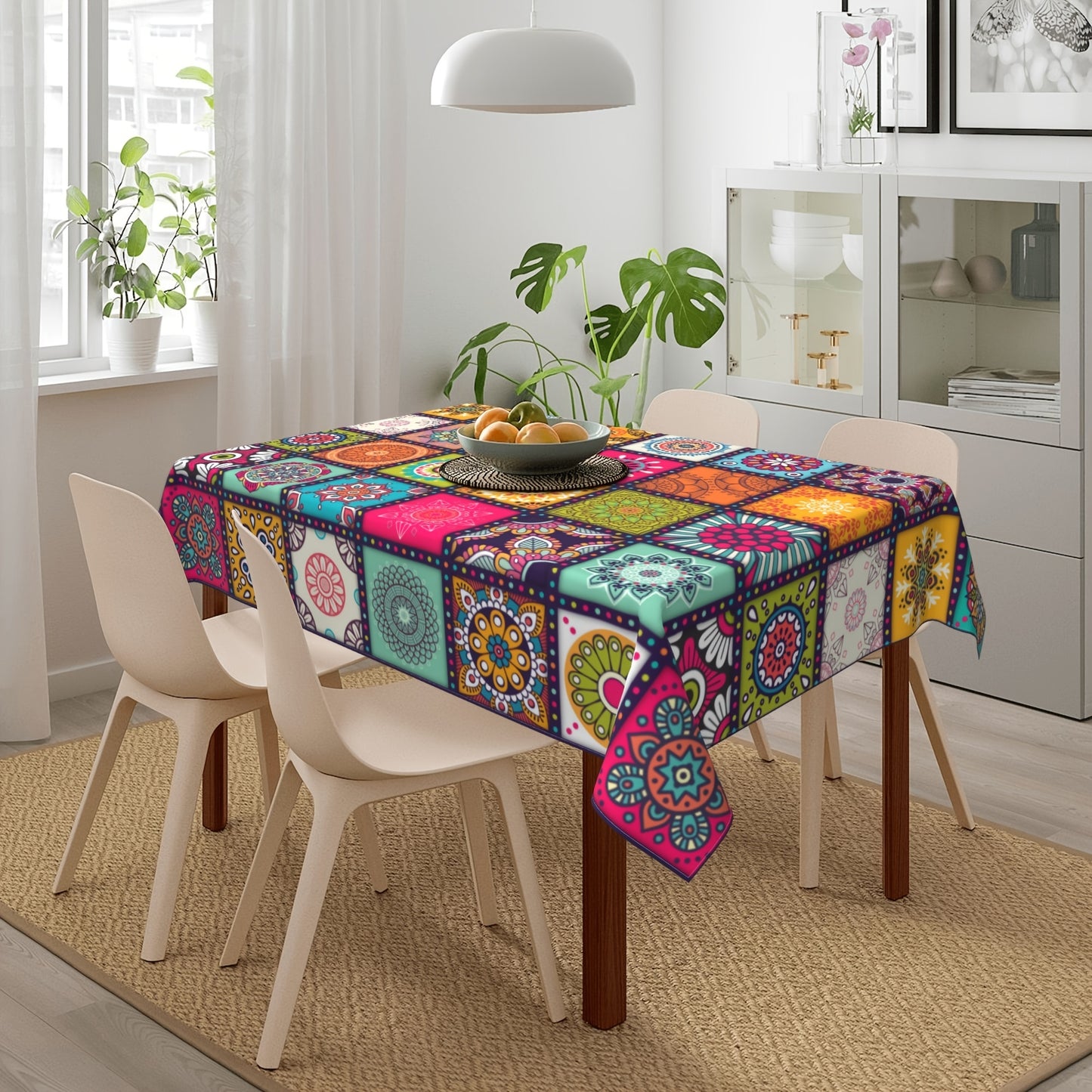 1pc Vibrant Mandala Rectangle Polyester Tablecloth - Kitchen & Dining Table Linens - Bohemian Inspired, Circular, Colorful, Festival Party Decoration, Home Decor, Waterproof, Easy Clean, Durable, Perfect for Indoor Outdoor Events