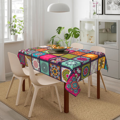1pc Vibrant Mandala Rectangle Polyester Tablecloth - Kitchen & Dining Table Linens - Bohemian Inspired, Circular, Colorful, Festival Party Decoration, Home Decor, Waterproof, Easy Clean, Durable, Perfect for Indoor Outdoor Events