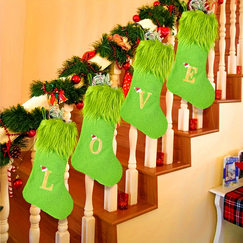 Green Faux Fur Christmas Stockings with Embroidered Letters, 18-inch Festive Holiday Decor, for Home & Party, Polyester, Christmas Decor