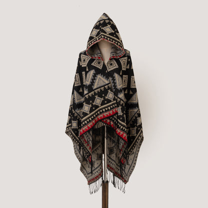 Cozy Oversized Hoodie Scarf Blanket - Stylish Boho Geometric Print with Tassels - Ultra-Soft Warm Cape for Outdoor Adventures, Windproof & Thick Cardigan Shawl
