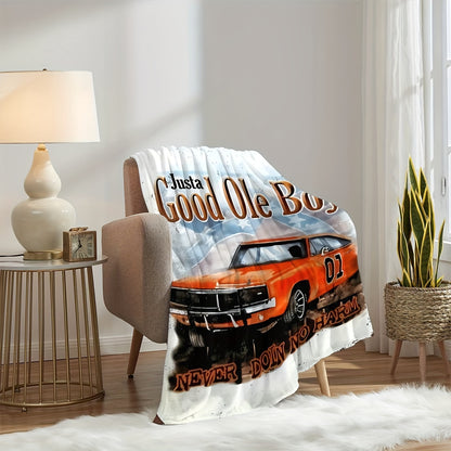 Vintage Cartoon Car Pattern Flannel Fleece Throw Blanket - Soft and Cozy Multipurpose All-Season Contemporary Blanket with Unique Embellishment for Sofa, Bed, Office, Camping, Travel - 100% Polyester Knitted Fabric
