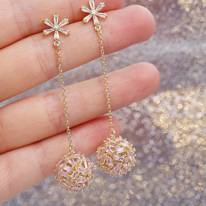 2025 Korean color zircon snowflake long temperament earrings personalized super fairy earrings S925 silver needle hollow ball earrings