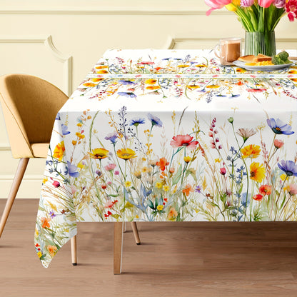 1pc Charming Watercolor Floral Tablecloth - Fresh Pastoral Wheat Motif - Seasonal Rectangle Table Cover for Spring Picnics & Holiday Celebrations, Elegant Home Decor
