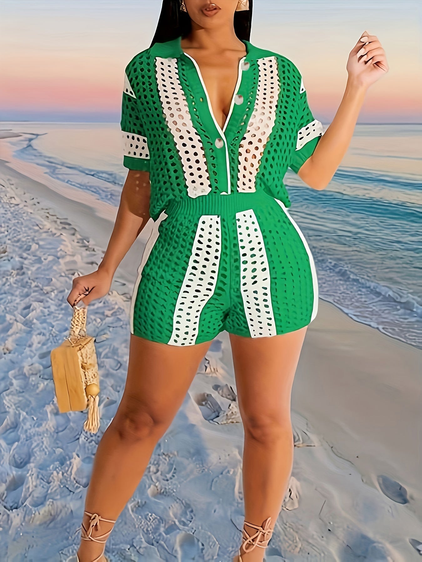 Two-Piece Short Sleeve Lapel Collar Cut Out Stripe Set - Semi-Sheer Micro Elastic Polyester Knit Fabric, Color Block Pattern, Casual Outfit for Spring/Summer - Elegant Womens Clothing