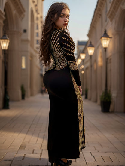 Long Sleeve Rhinestone Bodycon Maxi Dress - Sexy High Elasticity Polyester Party Club Wear with Crew Neck and Split Thigh - Hand Wash Only, All-Season Elegant Clothing for Women