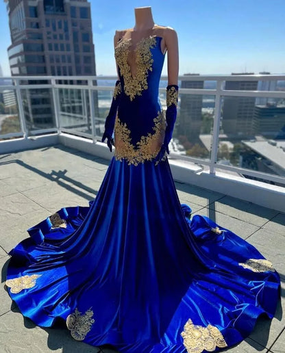 Royal Blue Lace Applique Sheath Prom Dresses  Sheer Neck Evening Gowns With Gloves Black Girls Mermaid Formal Party Dress Robes De Soiree BC18387