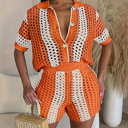 Two-Piece Short Sleeve Lapel Collar Cut Out Stripe Set - Semi-Sheer Micro Elastic Polyester Knit Fabric, Color Block Pattern, Casual Outfit for Spring/Summer - Elegant Womens Clothing