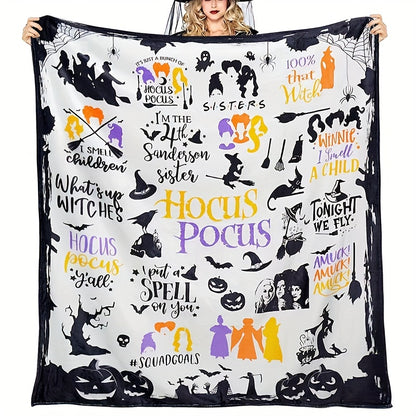 Hocus Pocus Themed Flannel Throw Blanket - Contemporary Geometric-Patterned, Machine Washable, Hypoallergenic - Multipurpose, All Seasons Horror Decor with Digital Print for Couch, Bed, Travel - Polyester, Knitted, Soft Plush Fabric