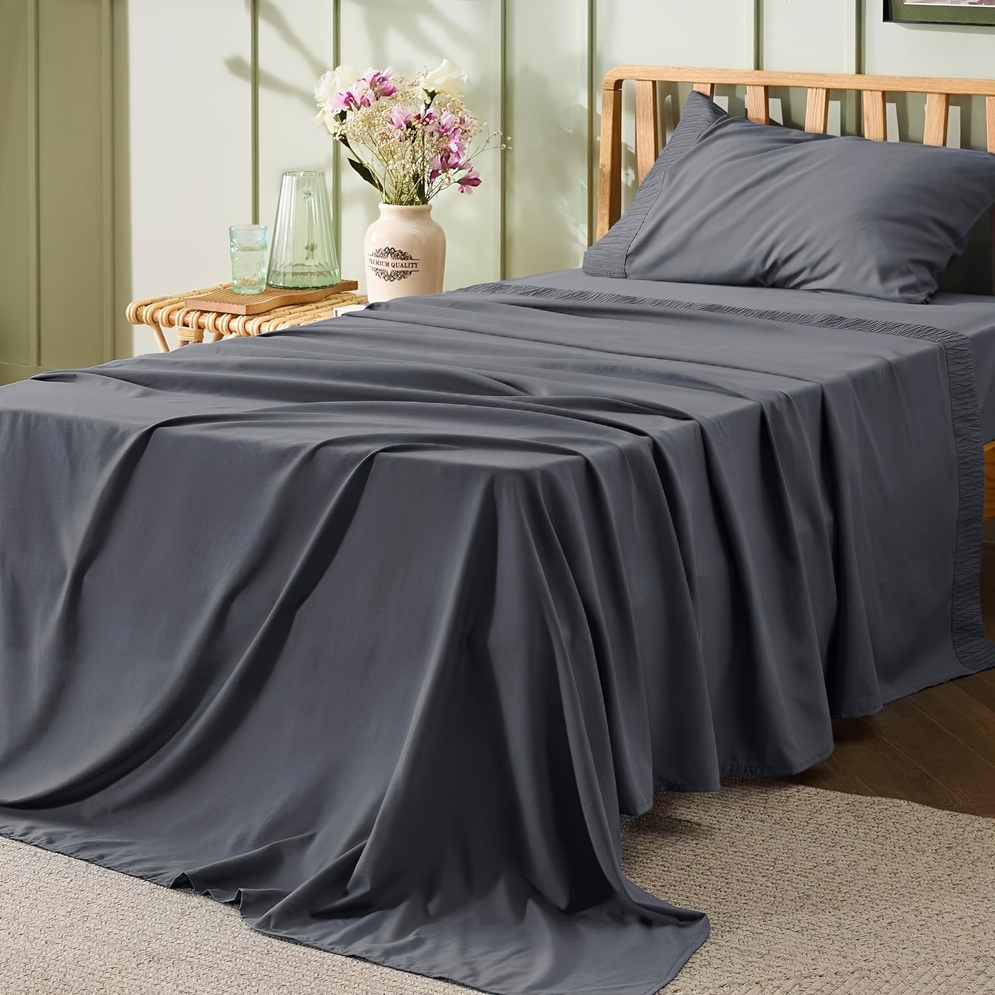 4pcs Luxurious Microfiber Sheet Set - 14" Deep Pocket, Exquisite Pinch Pleat, Shrink-Resistant, Fade-Resistant, Soft & Comfortable Bedding Set With Pillowcase, Flat Sheet, Fitted Sheet - Modern Design For All Season, Dorm Bedding For College Set