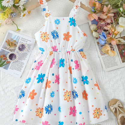 Chic Summer Floral Girls' Dress - Comfortable, Woven Fabric with Ruffle Detail & Playful Suspender Straps
