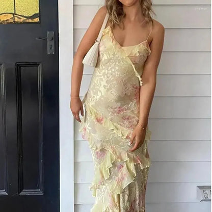 Casual Dresses Beach Style Backless Fashion Maxi Dress Women Summer  Sleeveless V-Neck Party Ruffles Patchwork Printed Ladies