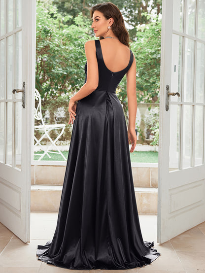 Extra-Long Sleeveless Fit and Flare Satin Dress - Elegant Deep V Neck, Split Details, Micro Elasticity, Flared Hem - Perfect for Wedding, Evening, Occasion, Engagement, Ceremony