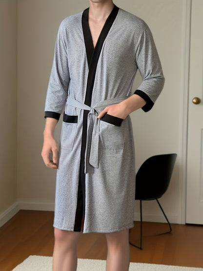 Mens Comfy Color Block Robe - Soft One-Piece Night-Robe with Spacious Pocket and Adjustable Lace-Up Closure - Perfect for Lounging Around the House in Pajamas After Bath or Shower