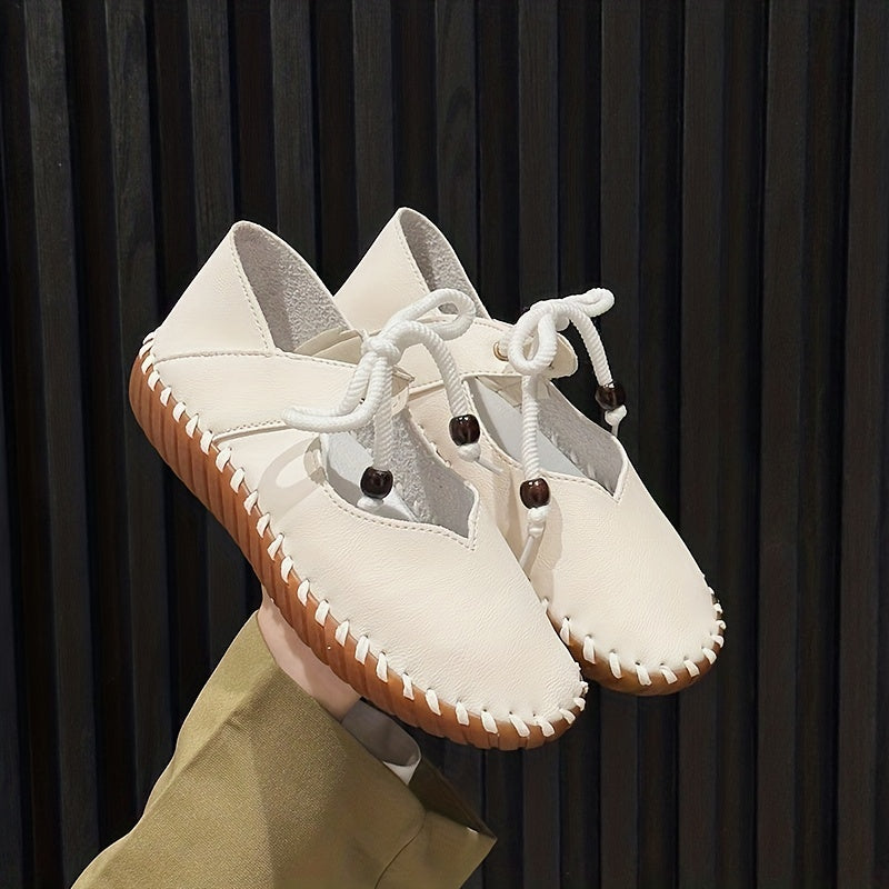 Womens Flat Lace Up Oxfords - Breathable, Non-Slip, Solid Color Cut-out Sneakers - Casual Walking Shoes for Spring Season with Rubber Sole and Man-Made Materials