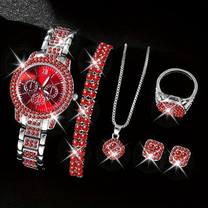 6 Pcs Sparkling Round Rhinestone Quartz Watches - Zinc Alloy Strap, Pointer, and Dial - Elegant Jewelry Gift Set for Women with Matching Necklace and Earrings