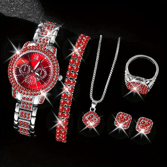6 Pcs Sparkling Round Rhinestone Quartz Watches - Zinc Alloy Strap, Pointer, and Dial - Elegant Jewelry Gift Set for Women with Matching Necklace and Earrings
