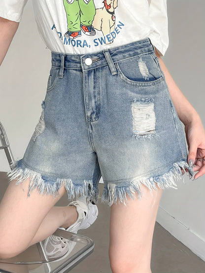 ZllKl  Ripped Raw Hem Denim Shorts, Distressed Washed Blue Denim Shorts, Women's Denim Jeans & Clothing