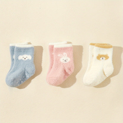 3pairs Baby Girls Cute Cartoon Rabbit Bear Dog Plush Non-slip Floor Socks Soft Comfortable Thermal Breathable Socks For Autumn And Winter