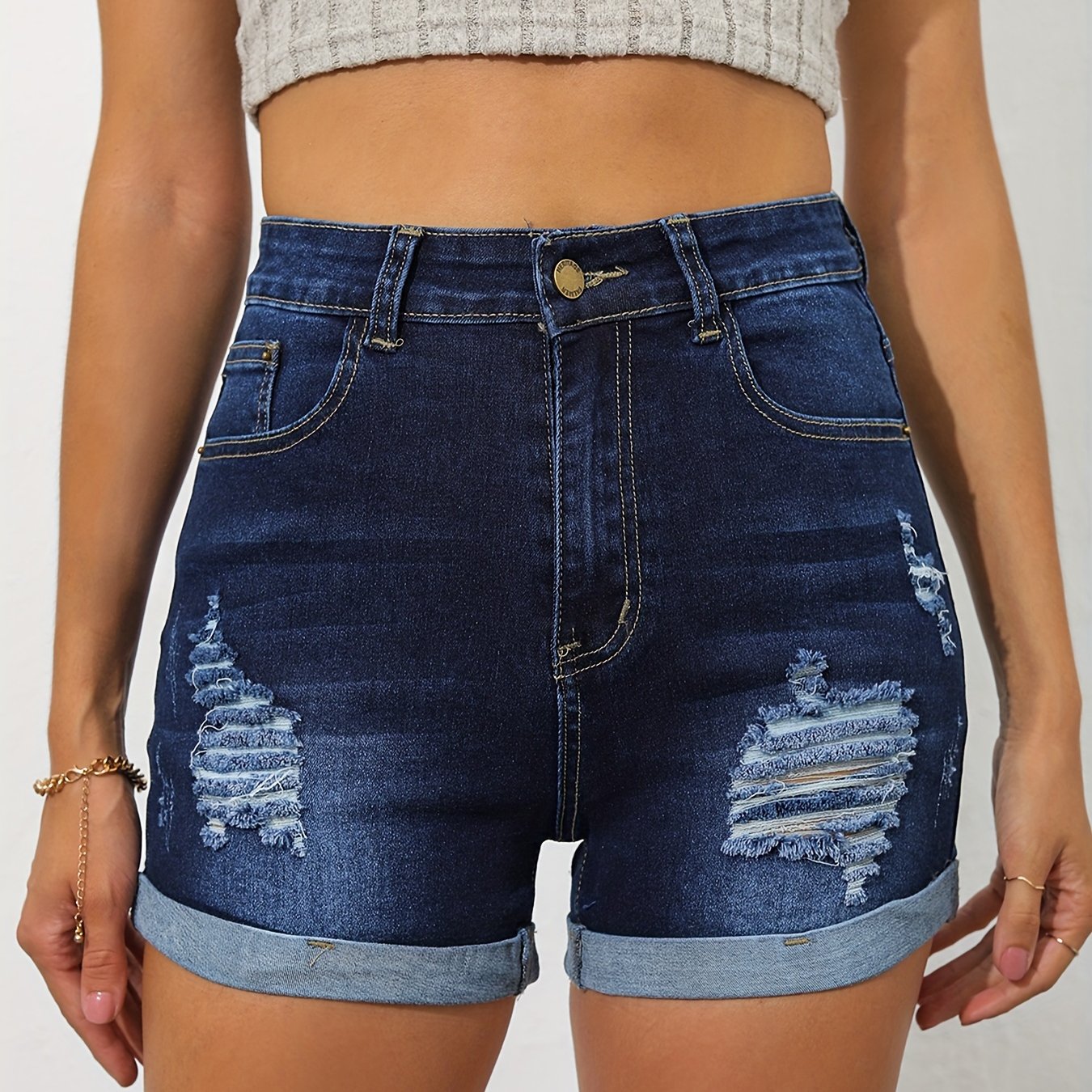 ZllKl  Ripped Roll Hem Dark Wash Shorts, Zipper Button Closure Slash Pocket Deep Blue Denim Panst, Stretchy Casual Pants To Wear Every Day, Women's Denim Jeans & Clothing