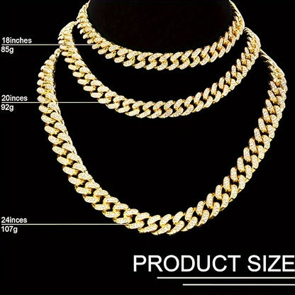 3 piece set Cuban chain necklace bracelet rhinestone earrings sparkling necklace bracelet crystal large round earrings jewelry gift
