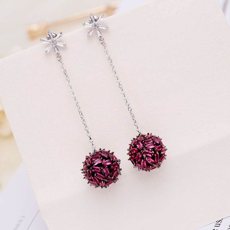2025 Korean color zircon snowflake long temperament earrings personalized super fairy earrings S925 silver needle hollow ball earrings