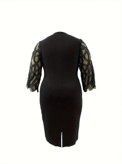 Plus Size Midi Fitted Bodycon Dress - Elegant Crew Neck, Three Quarter Sleeve, Slight Stretch, Contrast Sequin Stitching, Solid Color, Polyester, Hand Wash, Spring/Summer, Mature Occasion