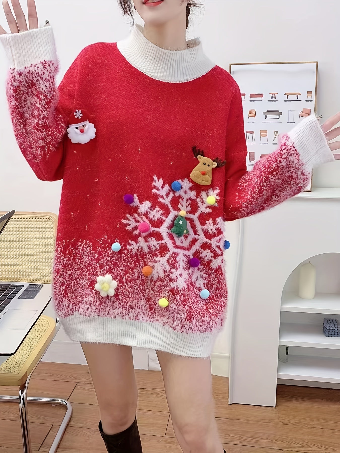 Women'S Festive Christmas Sweater, Long Sleeve, Elegant Style, Polyester, Round Neck, No Belt, Loose Fit, Pullover, Christmas Pattern, Floral Print, Mid-Stretch Fabric, Knee-Length, Leg of Mutton Sleeves, Embellished with Christmas Decor