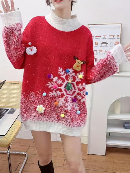 Women'S Festive Christmas Sweater, Long Sleeve, Elegant Style, Polyester, Round Neck, No Belt, Loose Fit, Pullover, Christmas Pattern, Floral Print, Mid-Stretch Fabric, Knee-Length, Leg of Mutton Sleeves, Embellished with Christmas Decor