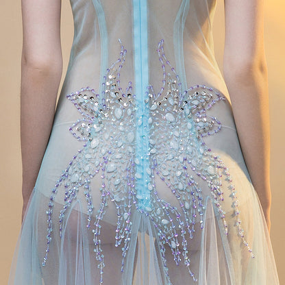 2025 G1711/Sexy perspective dress mesh yarn hand-sewn drilled deep V-neck long car show catwalk performance
