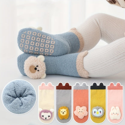 3 Pairs Of Baby Girl's Non Slip Floor Socks With Cute Decoration, Comfy Breathable Thermal Socks, Winter & Autumn