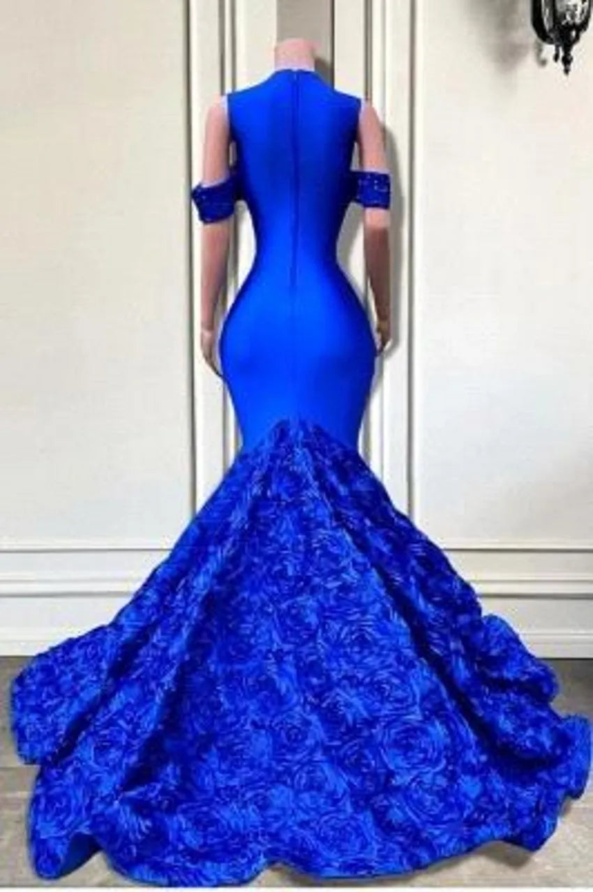 Luxurious Royal Blue Mermaid Prom Dresses Elegant Off Shoulder Lace Sequins Appliques Cascading Rose Flowers Long Evening Gowns Formal Occasion Vestidos BC18313