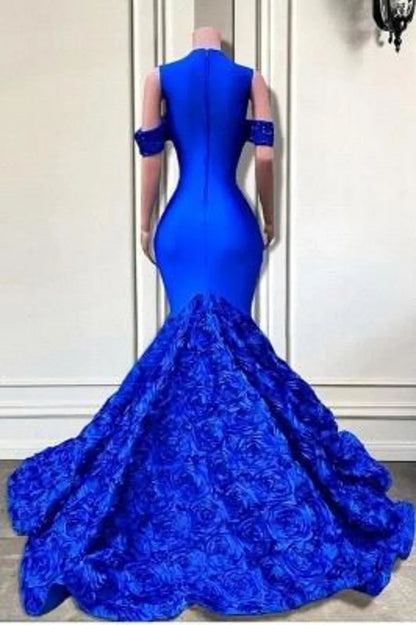Luxurious Royal Blue Mermaid Prom Dresses Elegant Off Shoulder Lace Sequins Appliques Cascading Rose Flowers Long Evening Gowns Formal Occasion Vestidos BC18313