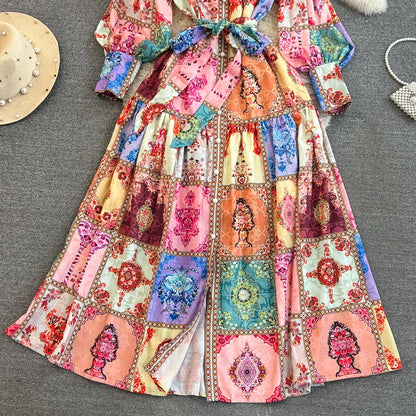 Basic Casual Women Dresses Runway Designer Spring Linen Maxi Dress for Women Elegant Long Lantern Sleeve Colorblack Printed Party Vestidos Aline