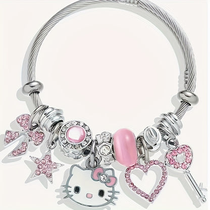 Stunning Sanrio Hello Kitty Mosaic Zircon Alloy Bracelet - Sparkling Cartoon Bangle for Girls, Unique Sweet Gift Idea with No Plating, Exquisite Detailing