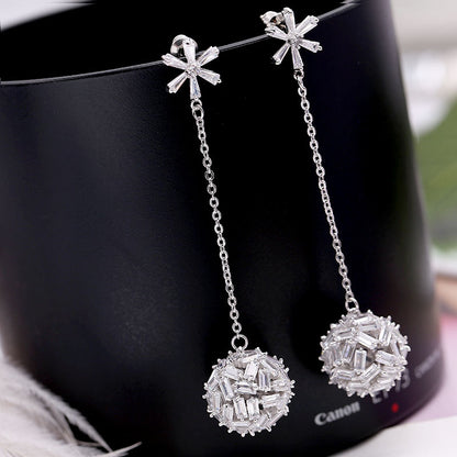 2025 Korean color zircon snowflake long temperament earrings personalized super fairy earrings S925 silver needle hollow ball earrings