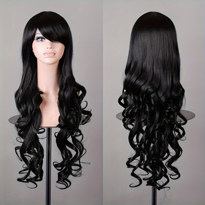 Vibrant Curly Wave Wig with Bangs - Synthetic Hair, Buckle Net Cap, Elegant Style for Women - Perfect for Halloween Party, Music Festival, and Costume Occasions