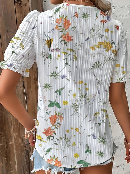 ZllKl Floral Print Lace Trim Blouse, Vacation Striped V Neck Short Sleeve Blouse, Women's Clothing