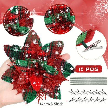 12pcs Glitter Poinsettia Christmas Ornaments with Clips & Stems - Artificial Xmas Flower Decorations for Tree, Wedding & Holiday Decor