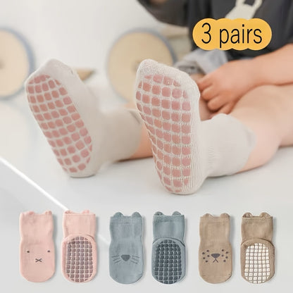 3 Pairs Of Baby Boy's Cute Animals Pattern Crew Socks With Good Grip, Comfy Breathable Thermal Socks, Winter & Autumn