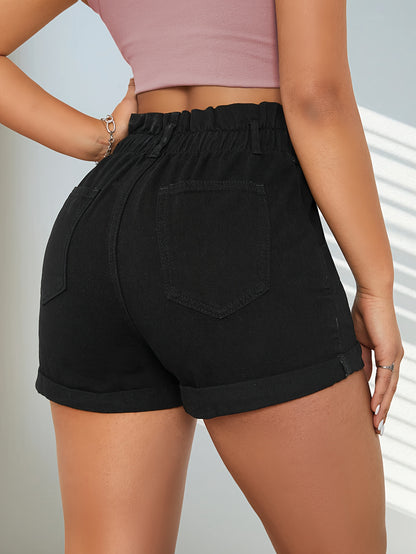 ZllKl  Plain High Waist Denim Shorts, Double Button Elastic Waist Short Denim Pants, Women's Denim Jeans & Clothing