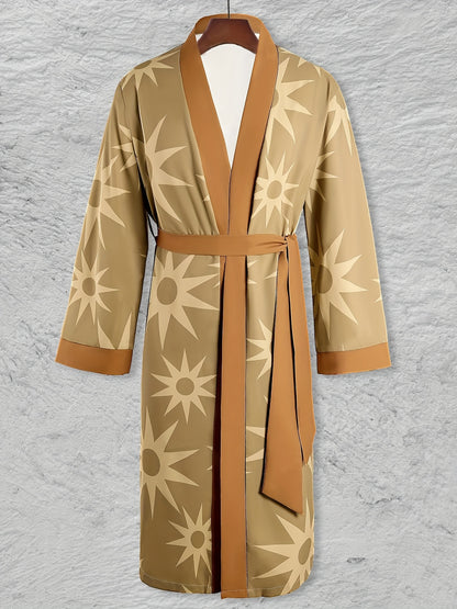 Mens Ultra-Soft Geometric Kimono Robe - Stylish One-piece Bathrobe with Sun Prints - Quick-dry, Breathable Nightwear Set for Relaxing at Home