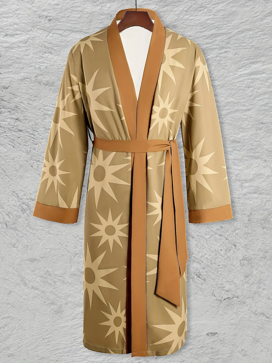 Mens Ultra-Soft Geometric Kimono Robe - Stylish One-piece Bathrobe with Sun Prints - Quick-dry, Breathable Nightwear Set for Relaxing at Home
